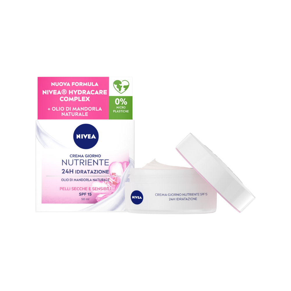 Nivea Crema Giorno Nutriente 24h Idratazione SPF15 50 ml, Crema viso idratante pelle secca