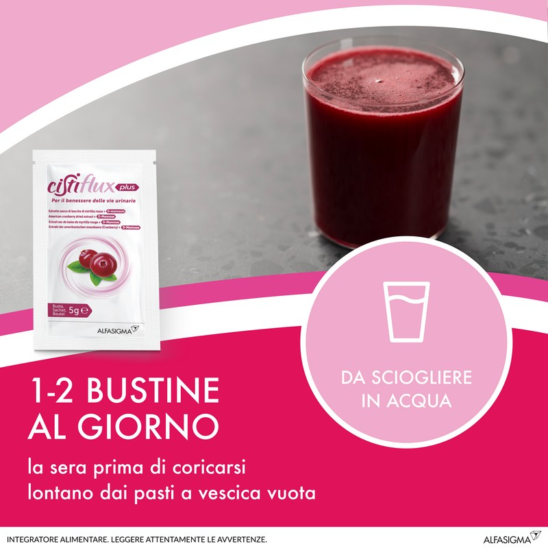 Cistiflux a Plus 36Ed, Integratore a Base di Estratto di Mirtillo Rosso, Cranberry Americano, e D-Mannosio, per Favorire Una Corretta Funzionalità delle Vie Urinarie, utile in caso di cistite, 14 Bustine, Gusto Frutti di Bosco