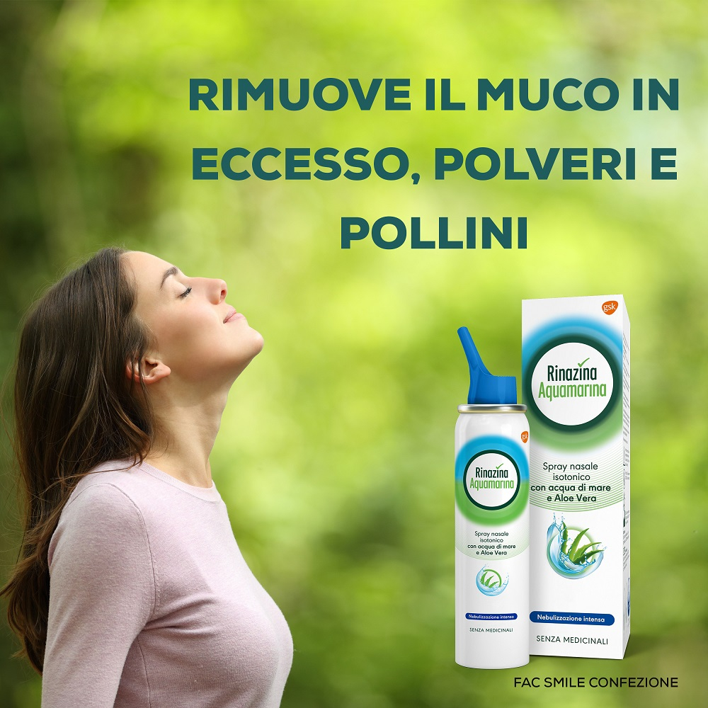 Rinazina Aquamarina Spray Nasale Isotonico Intenso Lavaggio Nasale Acqua di Mare e Aloe Vera 100 ml
