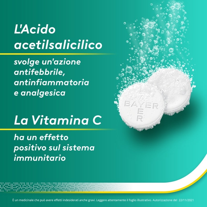 Aspirina C, contro sintomi di Raffreddore, Influenza e Febbre, 400 mg di Acido Acetilsalicilico + 240 mg di Vitamina C, antinfiammatorio e analgesico, 40 Compresse Effervescenti