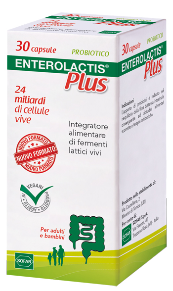Enterolactis Plus Capsule, Integratore Alimentare con Fermenti lattici, probiotici L,Casei DG, 24 Miliardi Cellule Vive, Senza Glutine e Lattosio, 30 Capsule