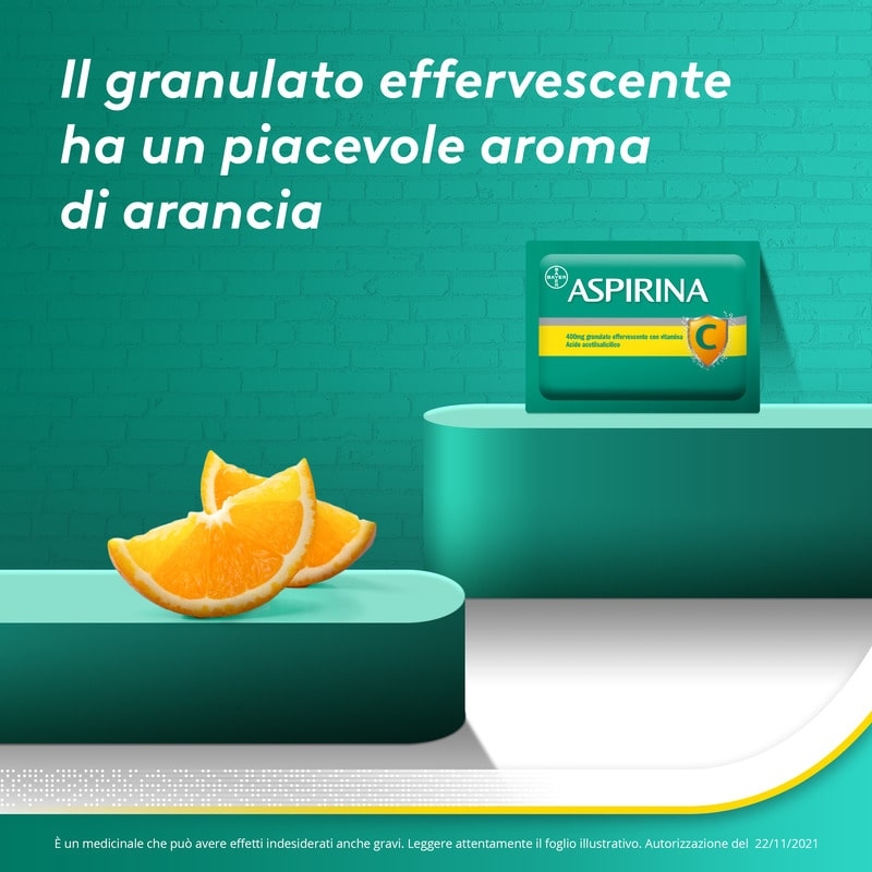 Aspirina C, contro sintomi di Raffreddore, Influenza e Febbre, 400 mg di Acido Acetilsalicilico + 240 mg di Vitamina C, antinfiammatorio e analgesico, Gusto Arancia, 10 Bustine