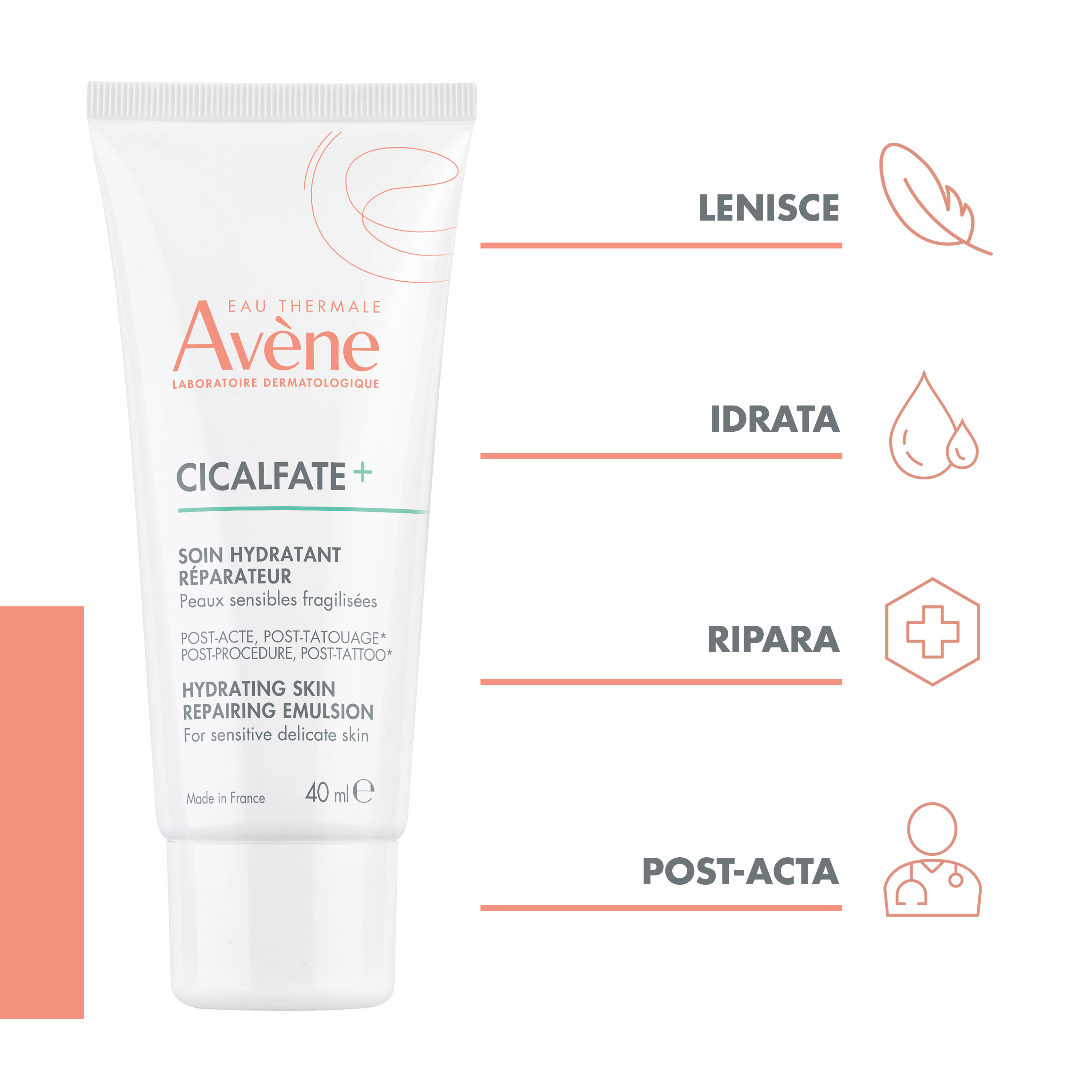 Eau Thermale Avène Cicalfate+ Trattamento Idratante Ristrutturante, Ripara velocemente la pelle fragilizzata, Viso e corpo, Post-Chirurgia, Post Tatuaggio, 40ml 