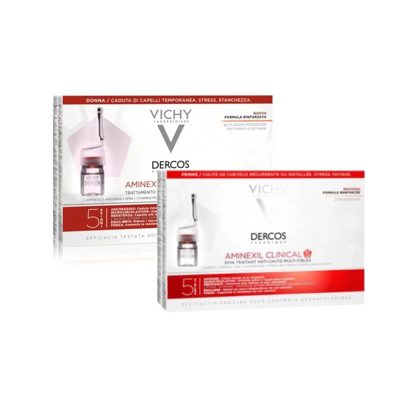 Vichy Dercos Aminexil Intensive 5 Trattamento anticaduta donna 42  da 6 ml & Vichy Dercos Aminxil Intensive 5 Trattamento anticaduta donna 21 fiale da 6 ml