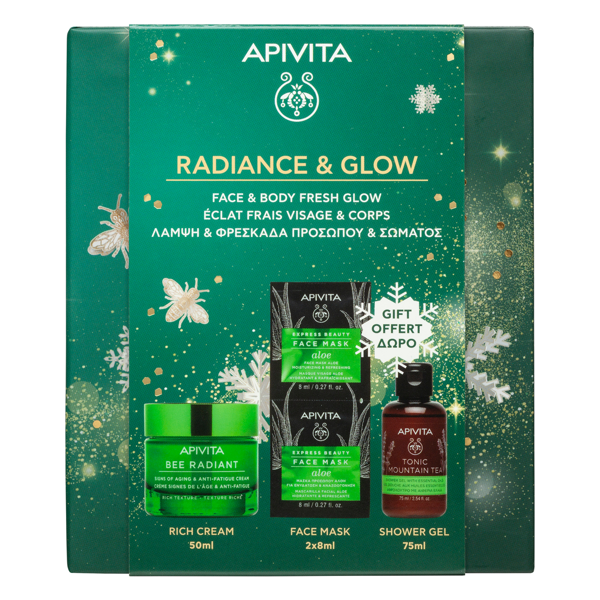 Apivita Radiance & Glow Cofanetto Regalo - Crema Ricca 50 ml + Gel Doccia 75 ml + 2 Maschere Viso Aloe