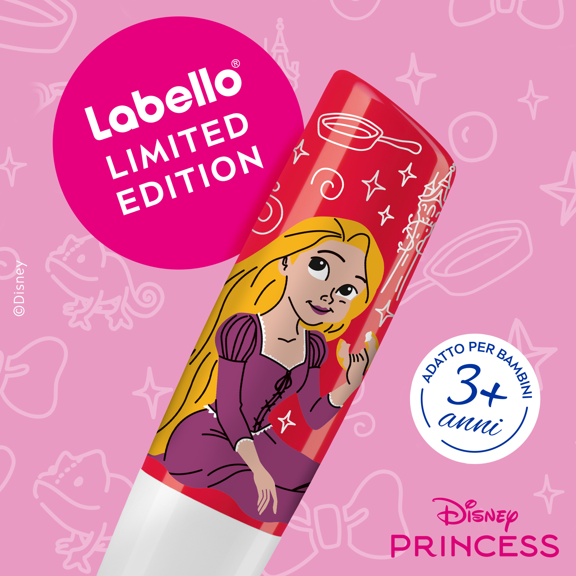 Labello Disney Princess Limited Edition - Rapunzel - Balsamo labbra colorato ad azione idratante prolungata, adatto dai 3 anni in su - Burrocacao aroma fragola, 4.8g