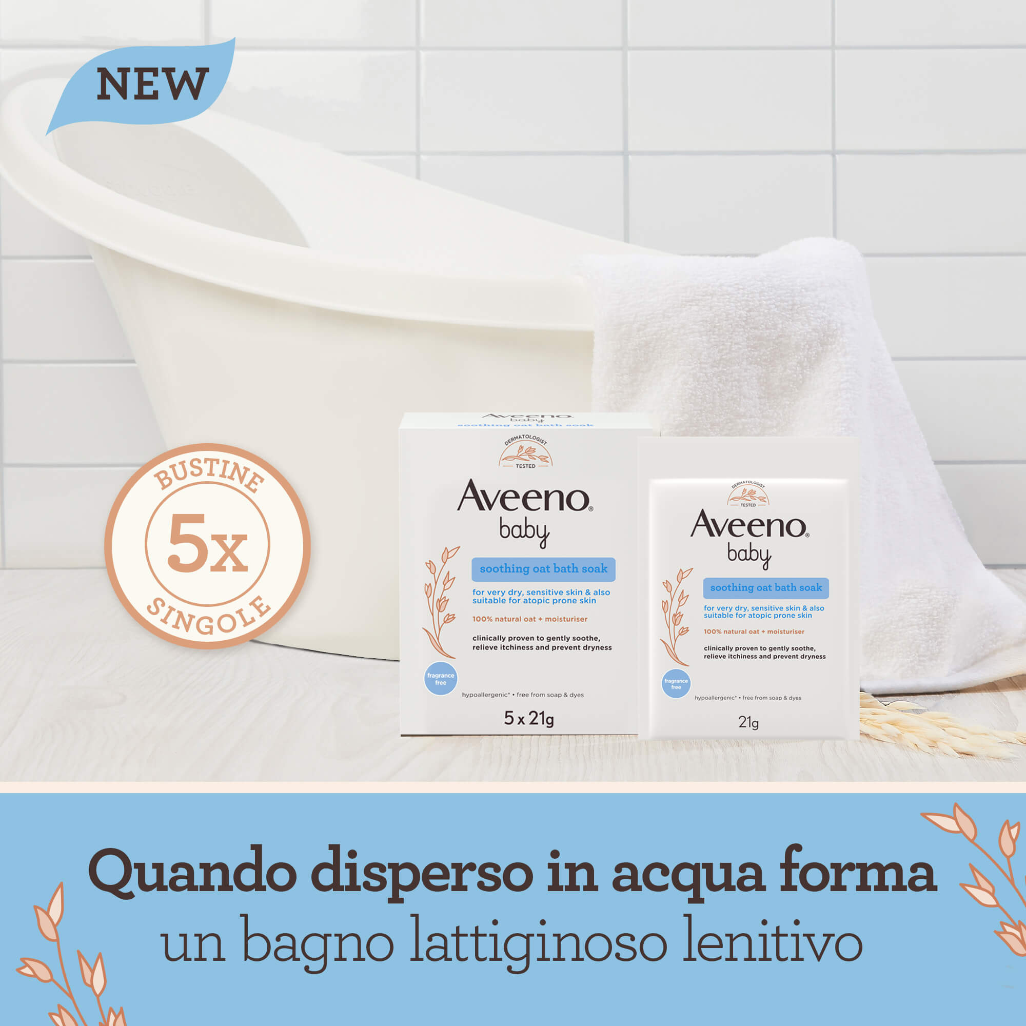 Aveeno Baby Sacchetti per Bagnetto Lenitivo all'Avena, per Pelli Delicate e Sensibili, 5 Sacchetti da 21 g