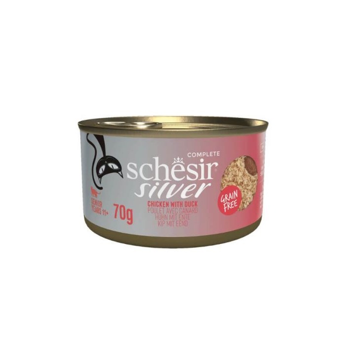 SCHESIR GATTO SILVER GRAIN FREE SENIOR POLLO ANATRA 70GR (lattina)