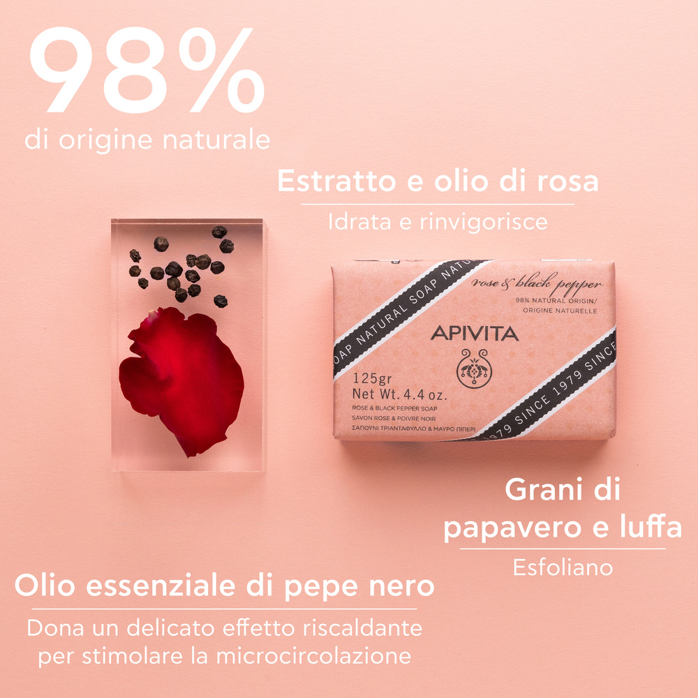 Apivita Natural Soap - Sapone Naturale Solido Con Rosa E Pepe Nero Corpo 125 g