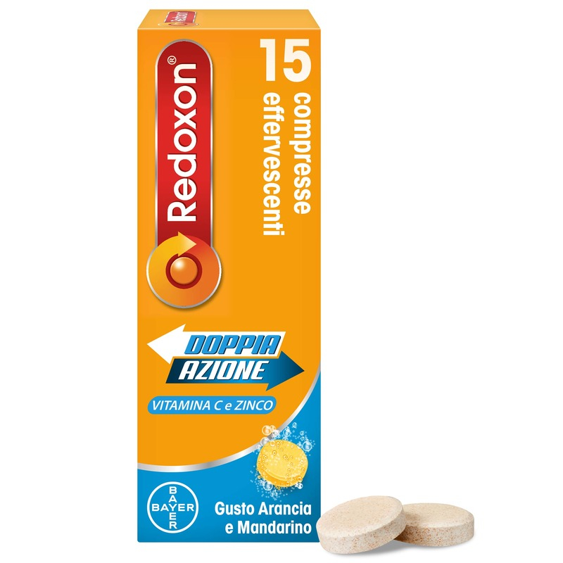 Redoxon Doppia Azione Integratore di Vitamina C e Zinco,  Supporta il Sistema Immunitario, Gusto Arancia e Mandarino, 15 Compresse Effervescenti