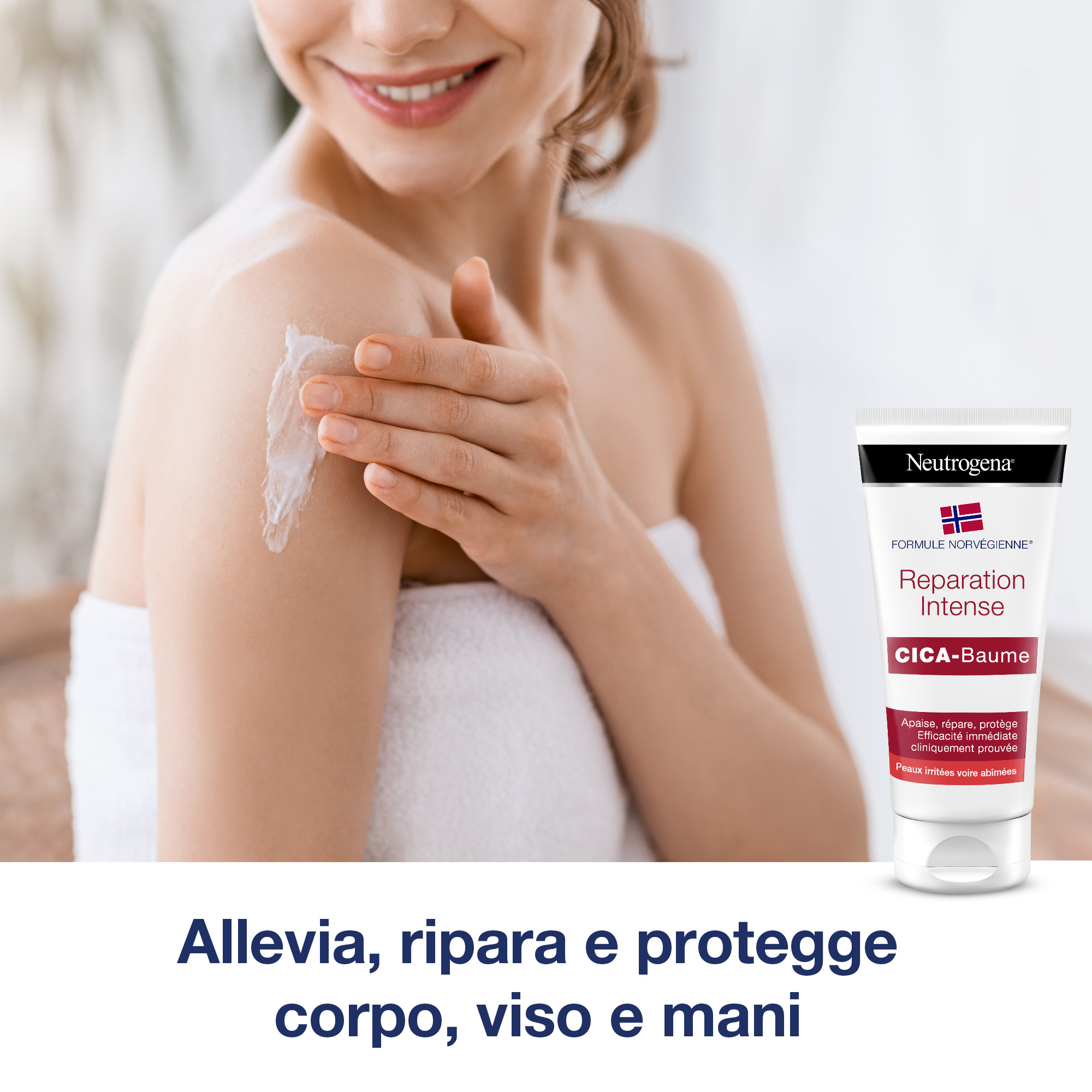 Neutrogena - Formula Norvegese Balsamo CICA Riparazione Intensa, Crema Corpo Viso e Mani,  Formula con Glicerina, Pelle Molto Secche, 100 ml
