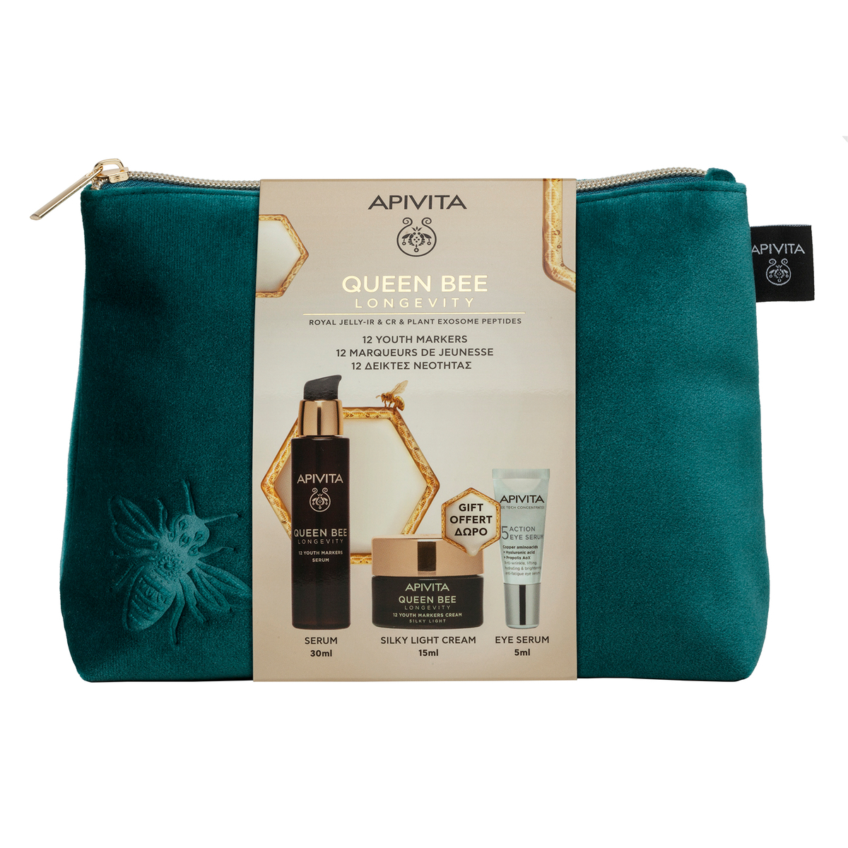 Apivita Queen Bee Longevity Cofanetto Regalo - Crema Leggera Setosa 15 ml + Siero 30 ml + 5 Aciton Siero Occhi 5 ml