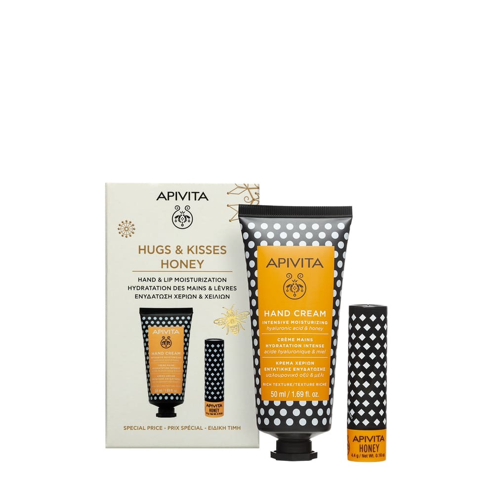 Apivita Hugs & Kisses Honey Cofanetto Regalo - Crema Mani Con Acido Ialuronico E Miele 50 ml + Balsamo Labbra Al Miele 4,4 g