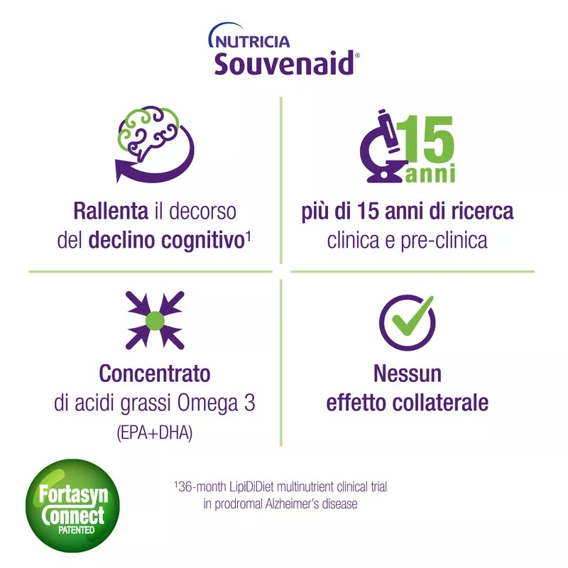 Souvenaid Fragola alimento a fini speciali per il trattamento nutrizionale del declino cognitivo legato all'età 4x125ml