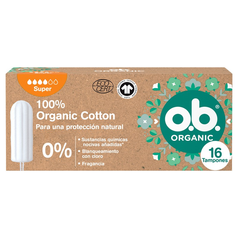 o.b. Assorbenti Interni, Organic Super, 100% Cottone Biologico, 16 Tamponi, color White