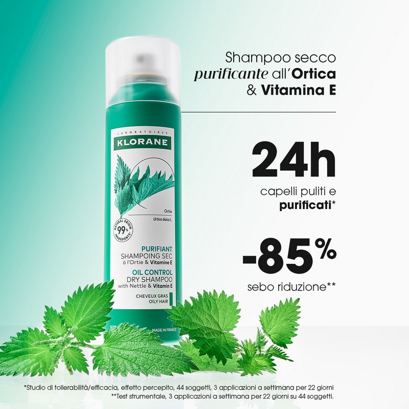 Klorane  Shampoo secco all'Ortica & Vitamina E, capelli grassi, purificante, 150ml 