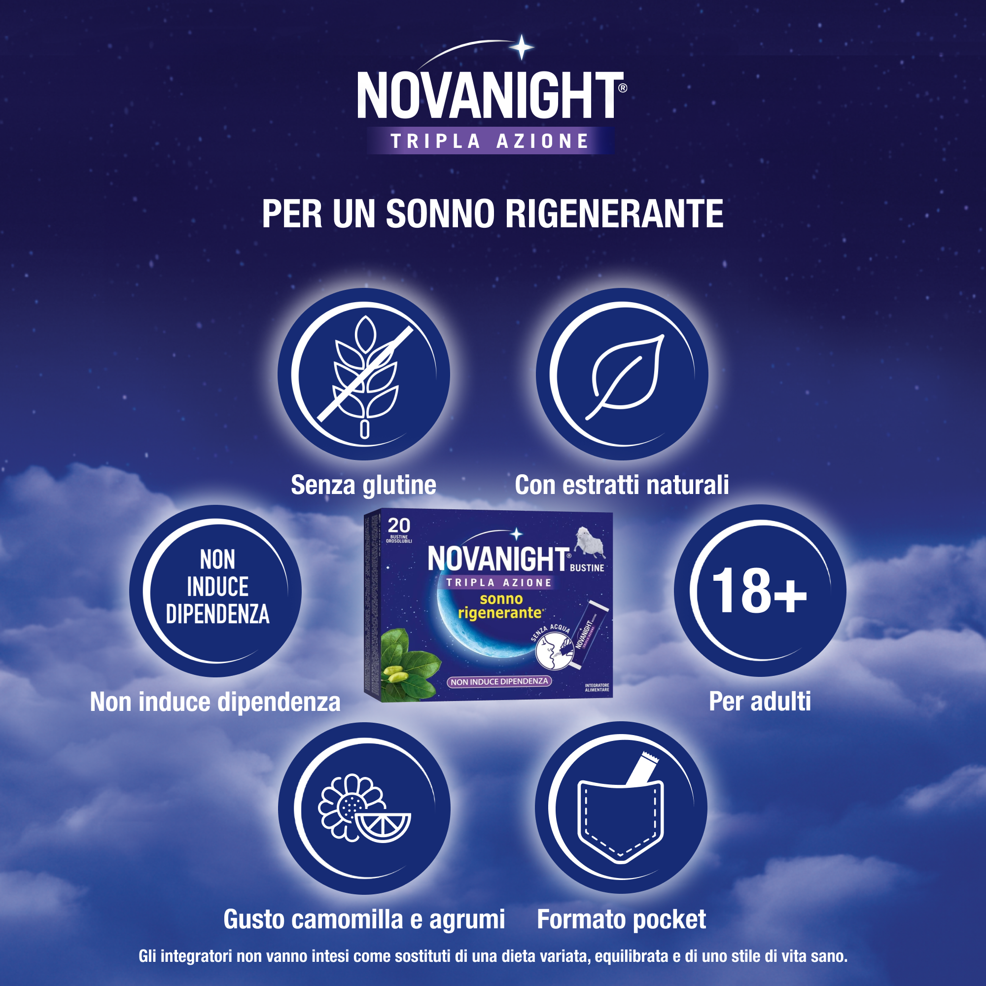 NOVANIGHT Tripla Azione, Integratore Alimentare con Melatonina per Dormire, Magnesio e Griffonia, Senza Glutine, 20 Bustine Orosolubili al Gusto Camomilla e Agrumi