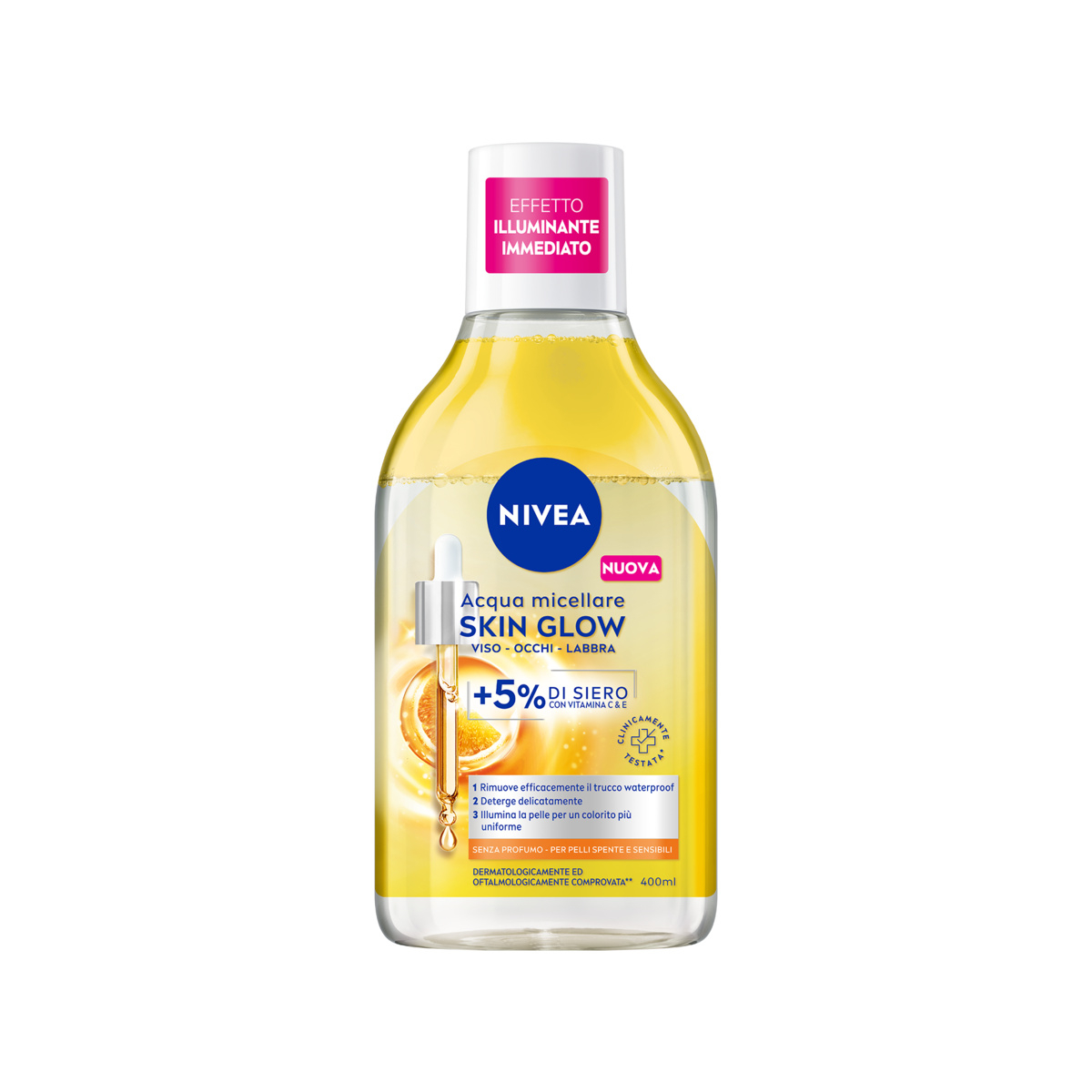 Nivea Acqua Micellare Skin Glow 400 ml, Struccante viso e occhi con 5% siero + Aminoacid Complex