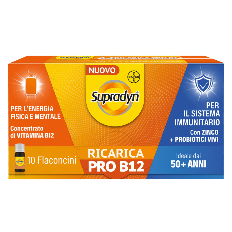 Supradyn Ricarica PRO B12 Integratore Adulti 50+ con Vitamina B12, Zinco e Probiotici Vivi per Energia e Sistema Immunitario, Gusto Caramello, 10 Flaconcini