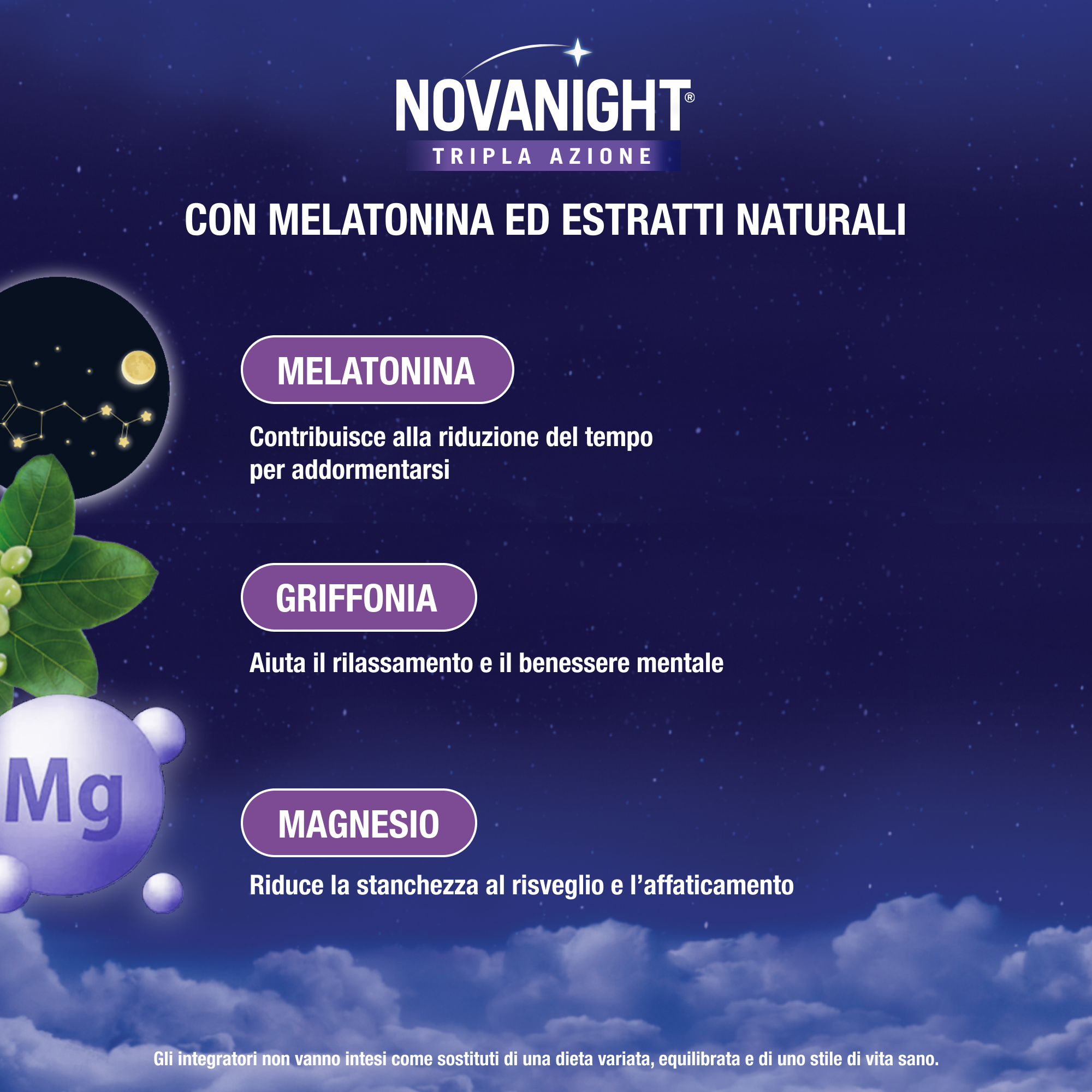 NOVANIGHT Tripla Azione, Integratore Alimentare con Melatonina per Dormire, Magnesio e Griffonia, Senza Glutine, 20 Bustine Orosolubili al Gusto Camomilla e Agrumi