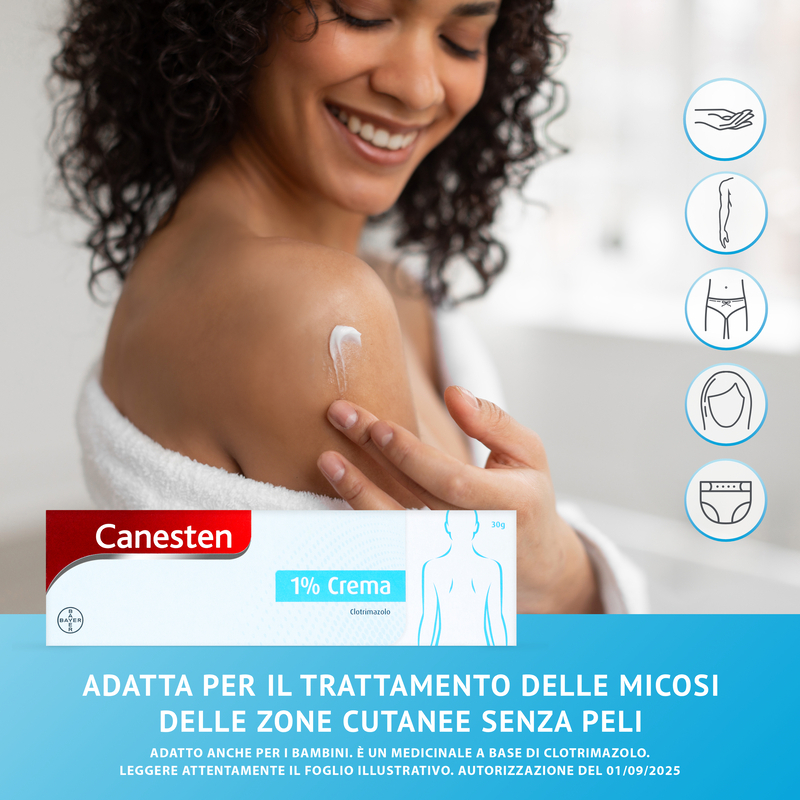 Canesten Crema Dermatologica, per il Trattamento di Micosi, Funghi della Pelle e Piedi, a base di Clotrimazolo 1%, con azione Antifungina e Antimicotica, Tubo da 30gr