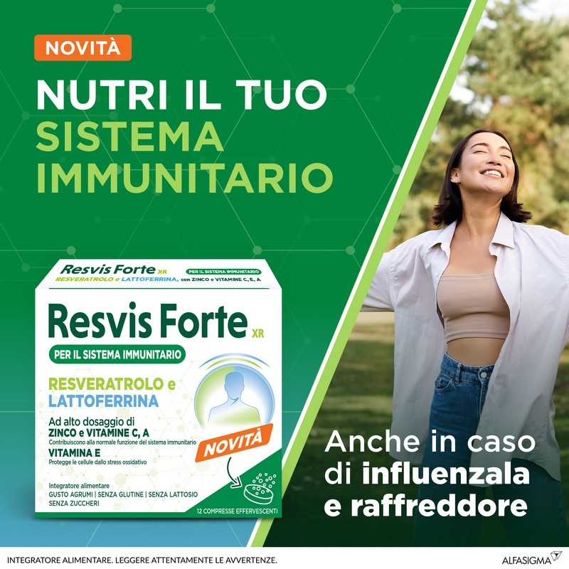 Resvis Forte Xr, Integratore Alimentare di Resveratrolo e Lattoferrina, per il Benessere del Sistema Immunitario, rinforza le difese immunitarie, senza Glutine e Lattosio, 12 Compresse Effervescenti Da 4 g, Gusto Agrumi