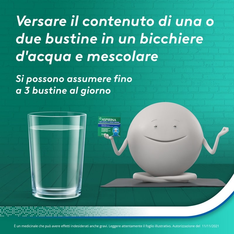 Aspirina Influenza e Naso Chiuso, Granulato per Soluzione Orale, 500mg Acido Acetilsalicilico + 30mg Pseudoefedrina, Effetto Antipiretico e Decongestionante, 20 Bustine