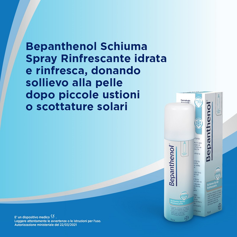 Bepanthenol Schiuma Spray, Trattamento Rinfrescante per Scottature e Ustioni minori, con Pantenolo, Senza Cortisone,  Calma e Idrata la Pelle Irritata, Flacone da 75 ml