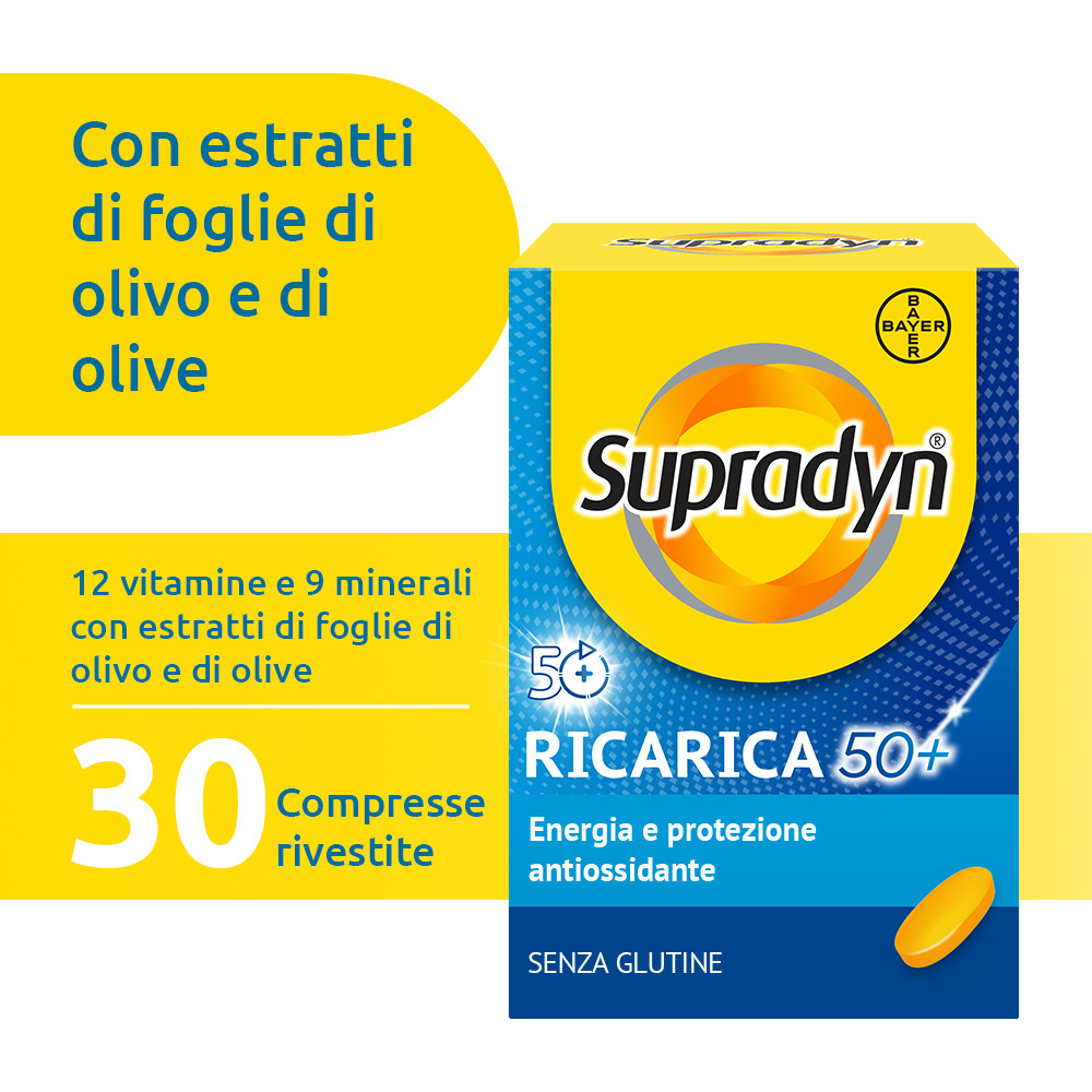 Supradyn Ricarica 50+ Integratore Multivitaminico con Vitamina C, Vitamina D, Minerali, Antiossidanti contro la Stanchezza Fisica e invecchiamento, Gusto Arancia, 30 Compresse Rivestite