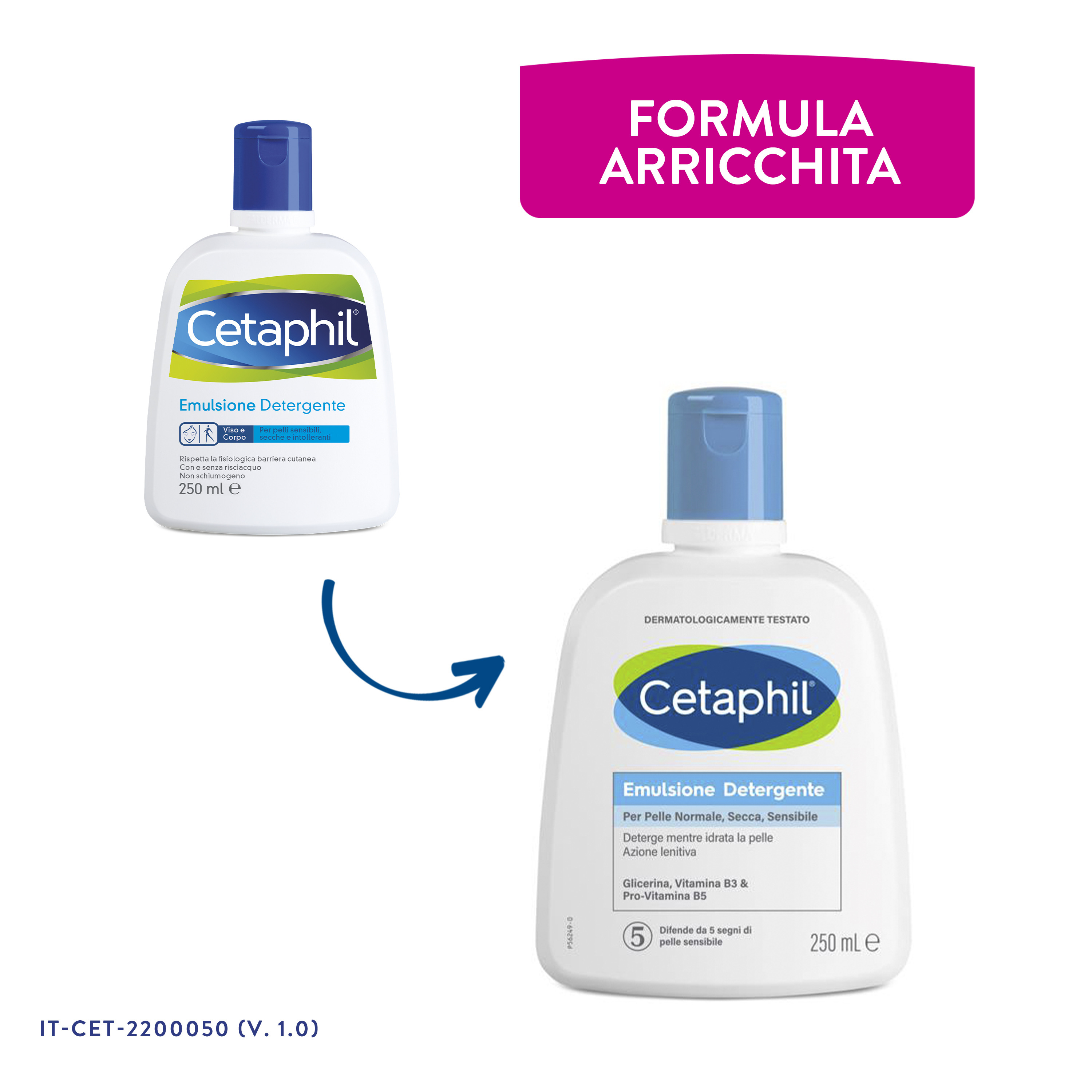 Cetaphil Emulsione Detergente Viso e Corpo, per Pelle Normale, Sensibile, Secca e Intollerante, Senza Profumo, Formato 250 ml