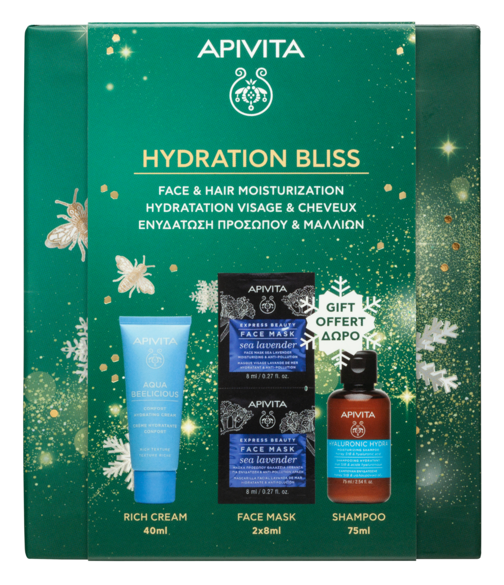 Apivita Hydration Bliss Cofanetto Regalo - Gel Crema Idratante Leggera 40 ml + Shampoo Idratante 75 ml + 2 Maschera Lavanda Marina Viso