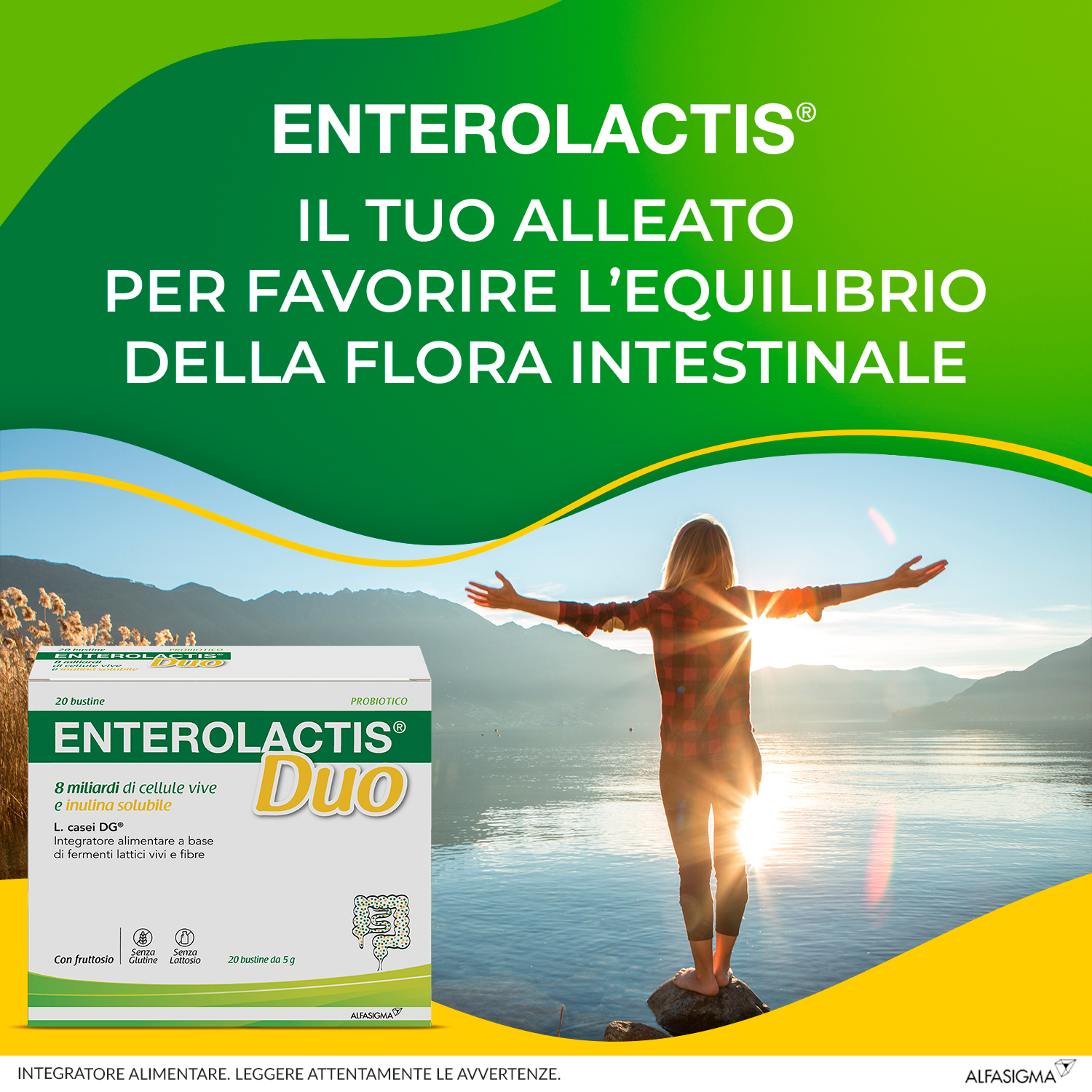 Enterolactis Duo, Integratore Alimentare con Fermenti lattici, probiotici L,Casei DG, 8 Miliardi Cellule Vive, Con Fruttosio, Senza Glutine e Lattosio, 20 Bustine