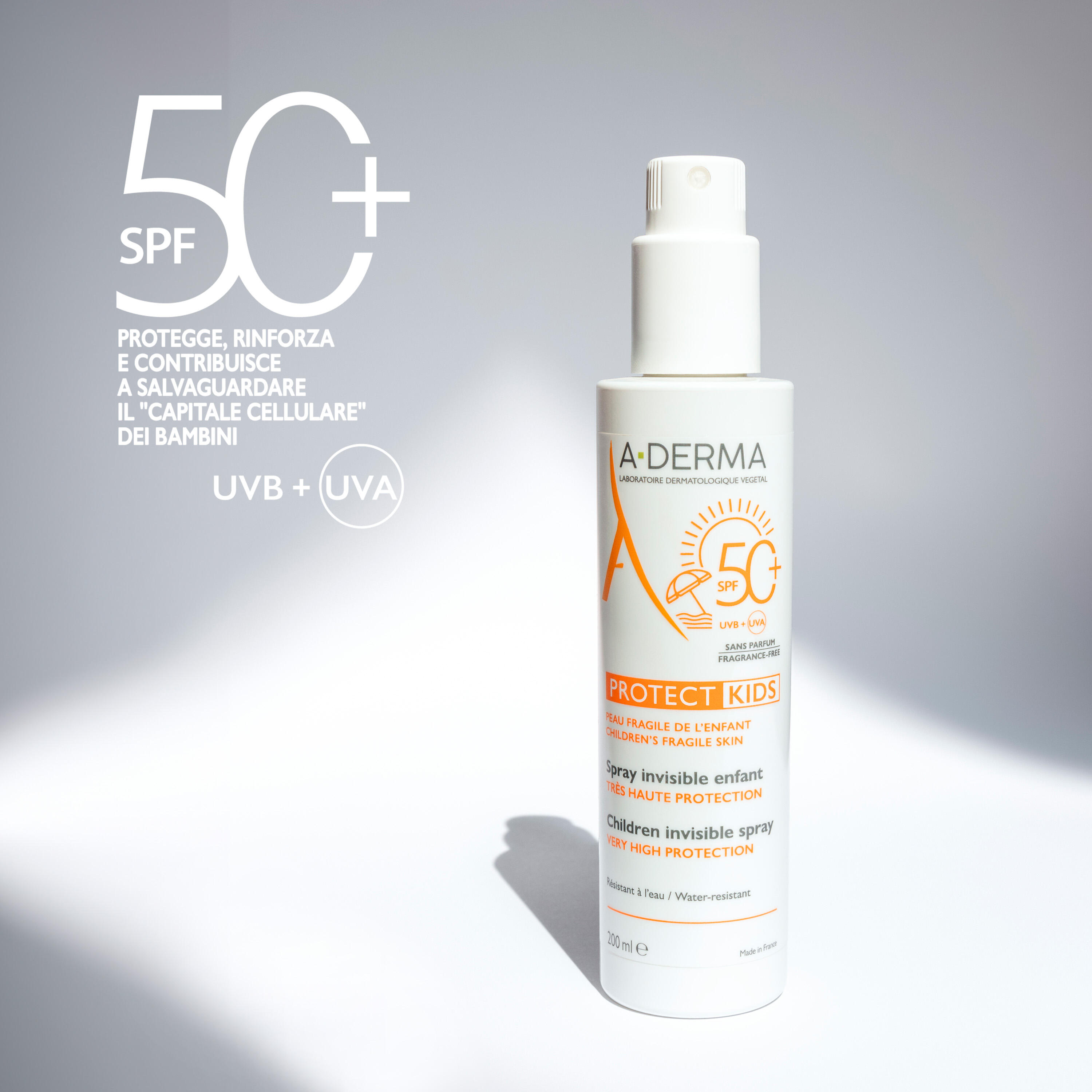A-Derma - Protect Kids - Spray Invisibile SPF50+ Bambino Protezione Solare Molto Alta Viso E Corpo 200 ml
