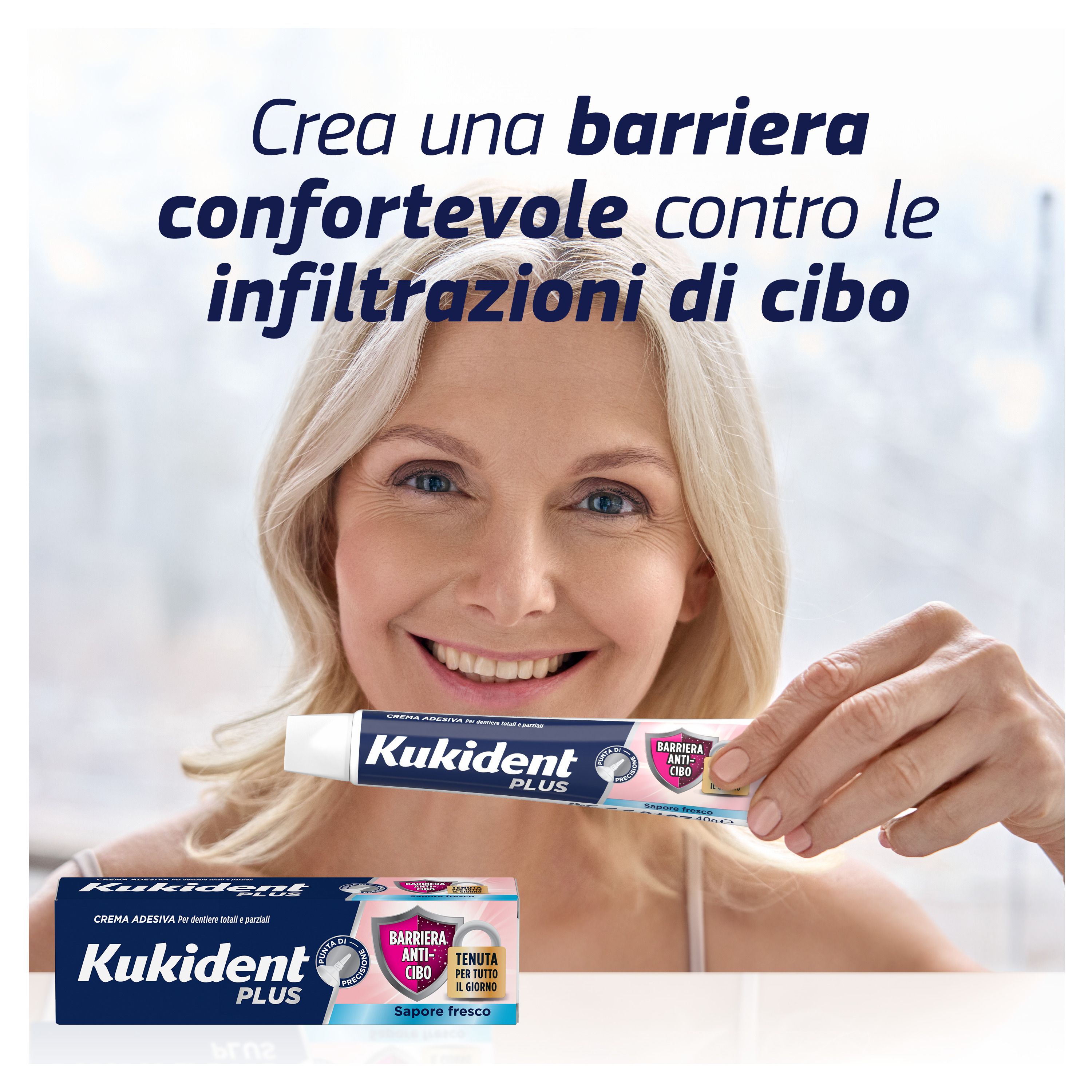 Kukident Plus Barriera Anti-cibo. Crema Adesiva Per Dentiere Totali e Parziali. Sapore Fresco 40g