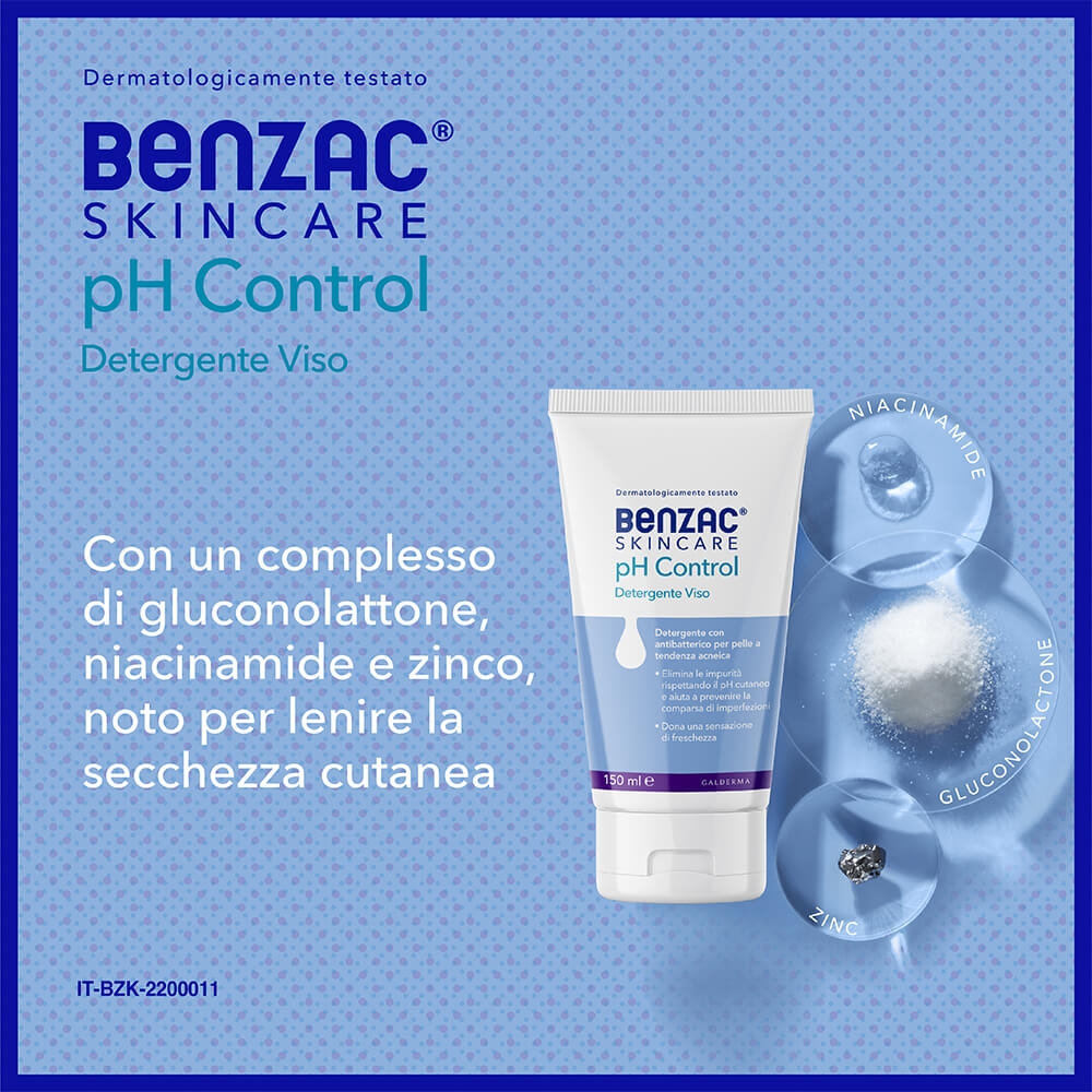 Benzac Skincare pH Control, Detergente Viso, Anti Acne, con Antibatterico, Elimina le Impurità e Rispetta il pH Cutaneo, con Gluconolattone e Zinco 150ml