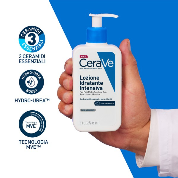 CeraVe Lozione Idratante Intensiva per Pelle Secca e Molto Secca con Sensazione di Prurito, con Hydro-Urea e Burro di Karité, idrata intensamente la pelle e da sollievo immediato alla sensazione di prurito, 236 ml