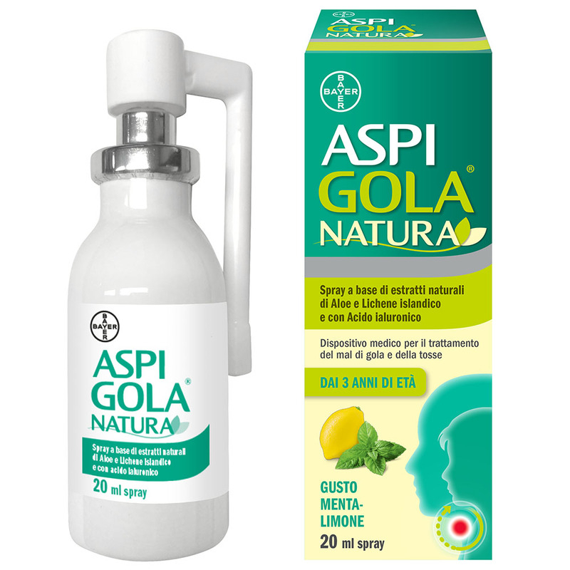 Aspi Gola Natura Spray, con estratti naturali di Aloe, Acido Ialuronico e Lichene Islandico, contro Mal di Gola e Tosse associata, Gusto Menta e Limone, Flacone da 20ml