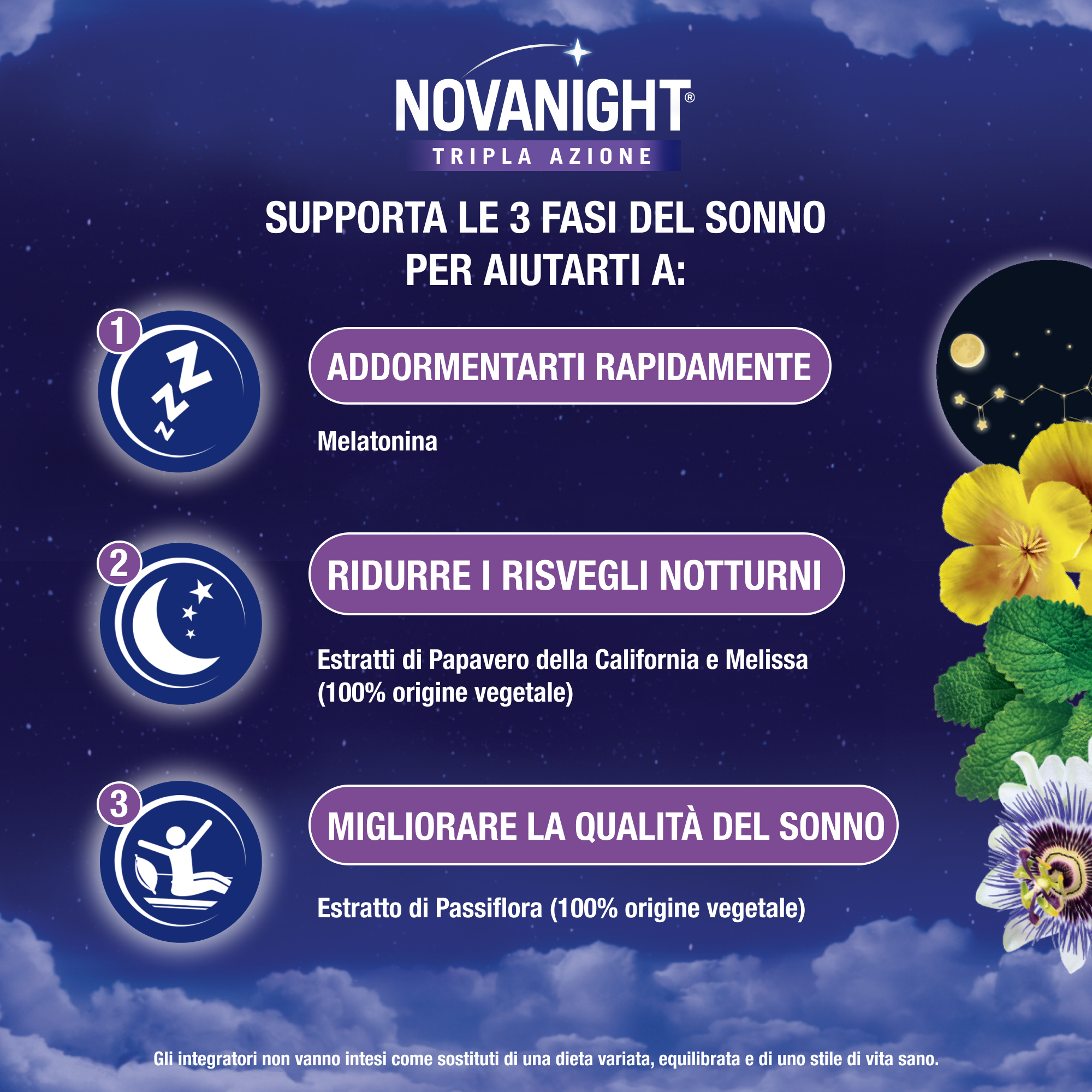 NOVANIGHT Tripla Azione Sonno Rigenerante, Integratore Alimentare con Melissa e Melatonina per Dormire, Senza Glutine, 30 Compresse, Non Induce Dipendenza