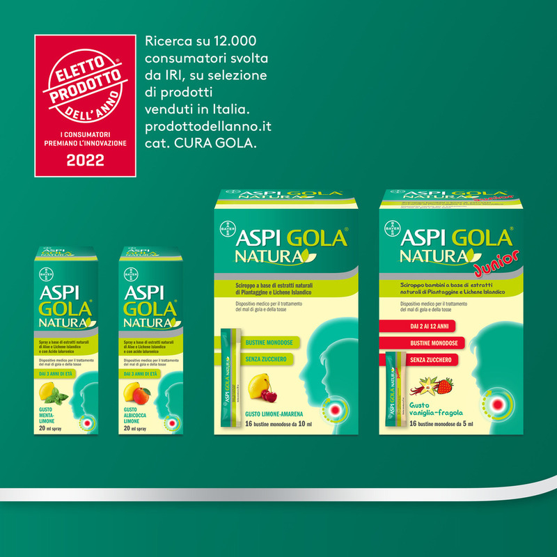 Aspi Gola Natura Junior Sciroppo per bambini, a base di estratti naturali, contro Mal di Gola e Tosse associata, Gusto Vaniglia e Fragola, 16 Bustine Monodose da 5ml