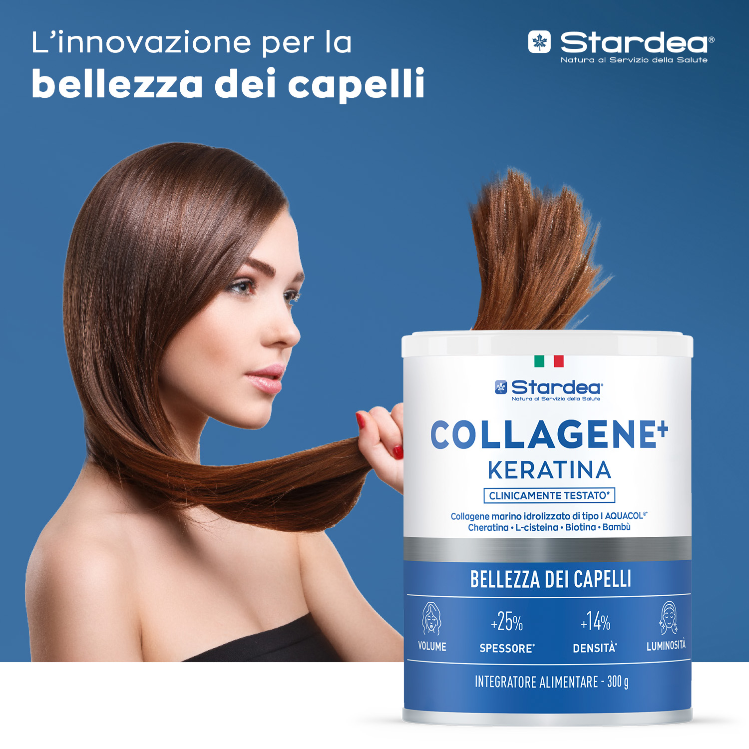STARDEA COLLAGENE + KERATINA POLVERE - INTEGRATORE ALIMENTARE A BASE DI Collagene marino, Cheratina, Selenio, Rame e Zinco. Salute dei capelli - POLVERE 300 GR.