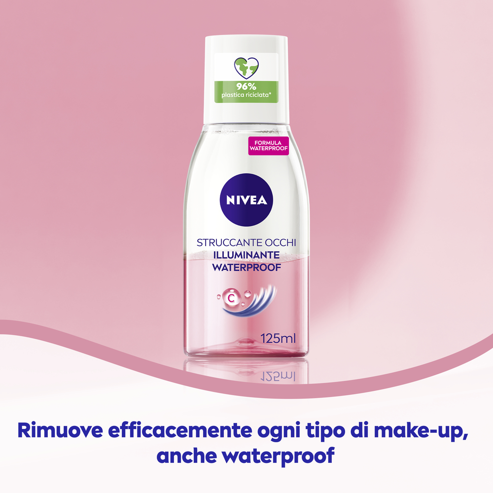 Nivea Struccante Occhi Bifase Illuminante Waterproof 125 ml, Olio struccante bifasico per gli occhi