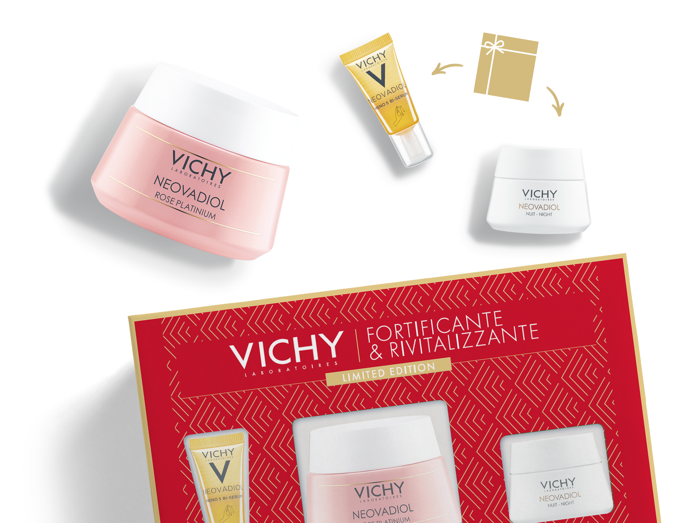 Vichy Cofanetto Regalo Natale Neovadiol Meno 5 Bi-Serum 5 ml + Neovadiol Rose Platinium Crema Giorno 50 ml + Neovadiol Rose Platinium Crema Notte 15 ml
