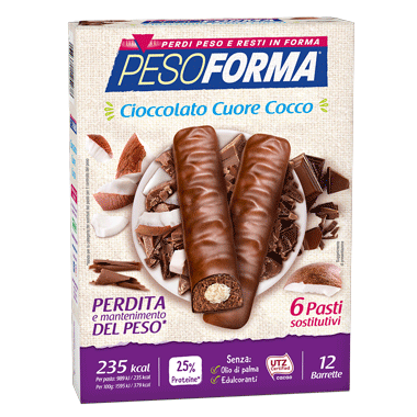 Pesoforma Barrette Al Cioccolato Cuore Cocco - 6 Pasti sostitutivi per perdita e mantenimento del peso corporeo - 12 barrette