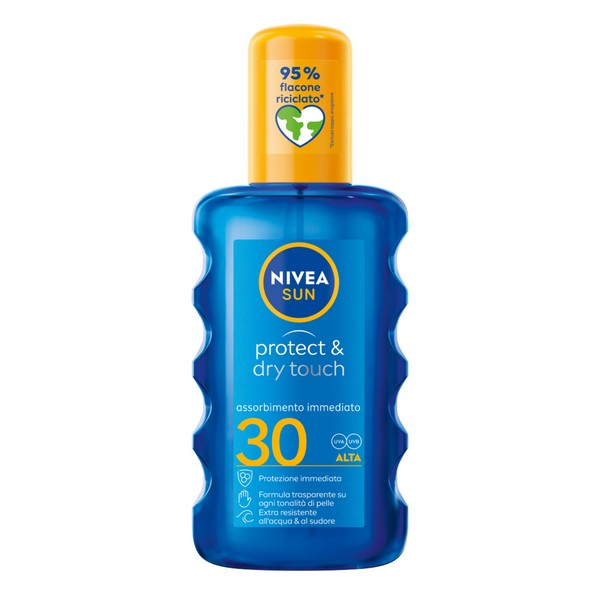 Nivea Sun Spray Solare Protect & Dry Touch FP30 200 ml, Crema solare 30 100% trasparente per sportivi