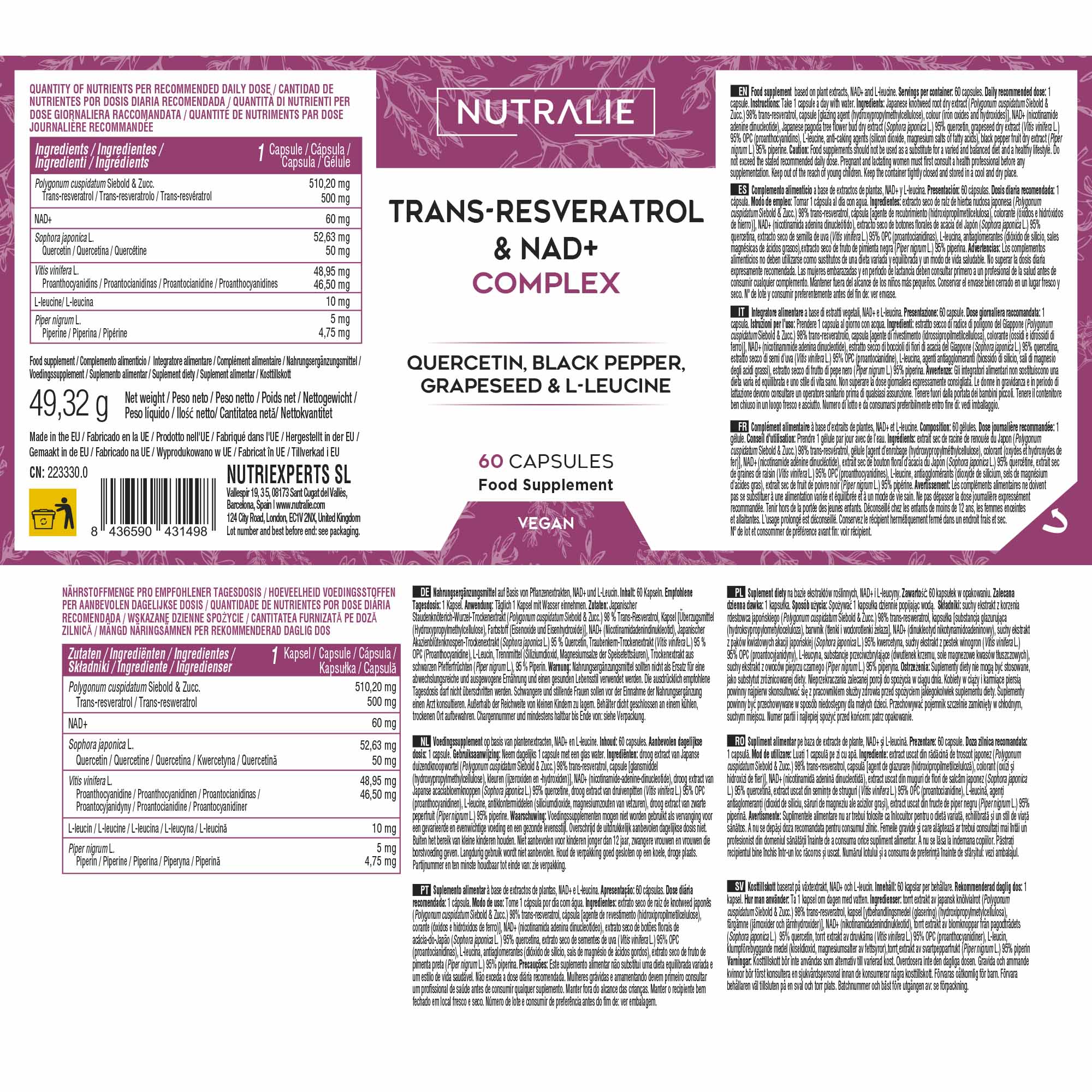 Nutralie Trans-Reveratrol & Nad+ Complex 60 Capsule - Integratore Antiossidante
