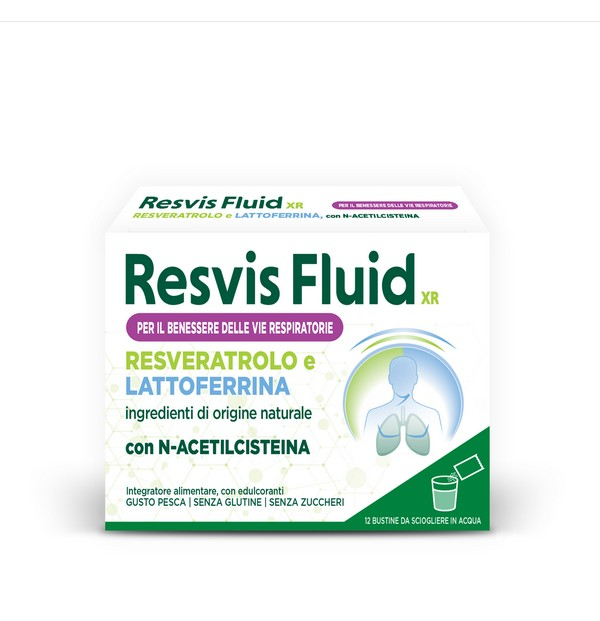Resvis Fluid XR, Integratore Alimentare di Resveratrolo e Lattoferrina, utile per rinforzare le difese immunitarie e per il benessere delle vie respiratorie, fluidificante, con N-Acetilcisteina, Senza Glutine e Zuccheri, 12 Bustine, Gusto Pesca