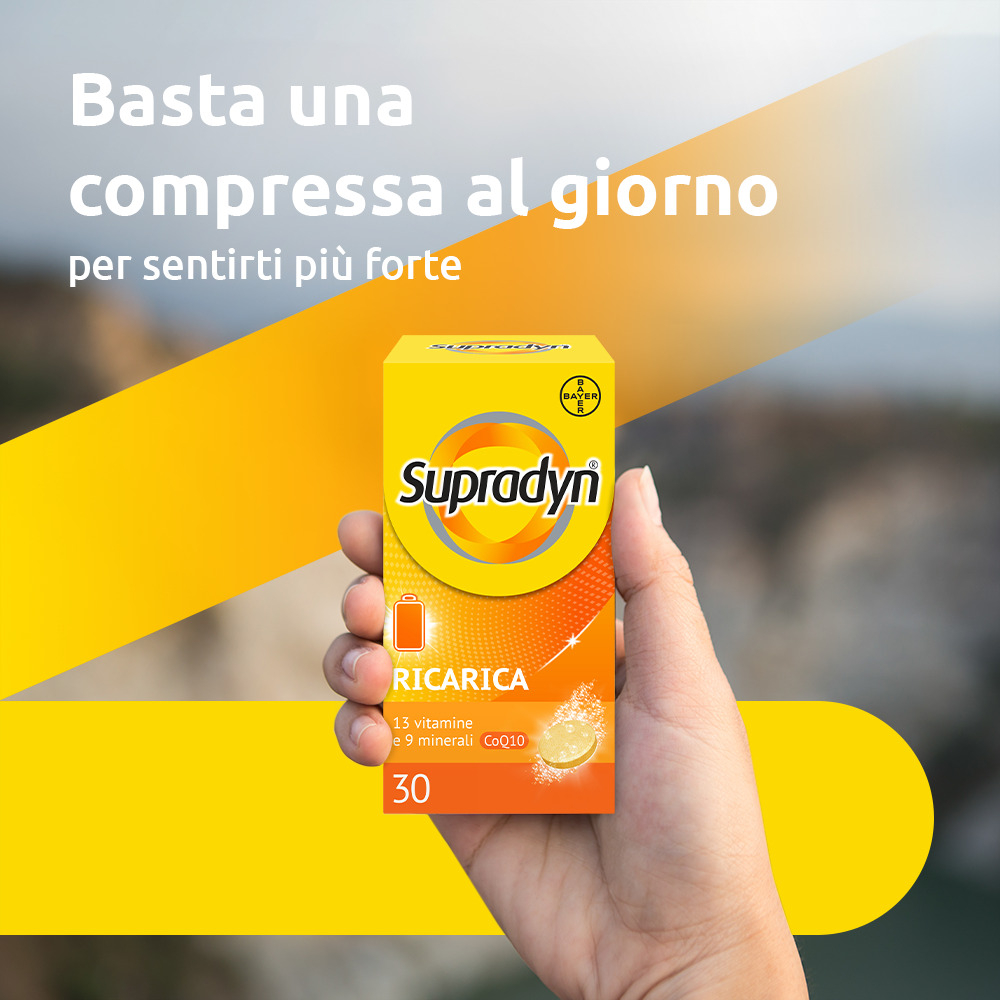 Supradyn Ricarica Integratore Multivitaminico Completo con Vitamine A, B, C, D, E, K, Minerali e Coenzima Q10 contro la Stanchezza, Gusto Arancia, 30 Compresse Effervescenti