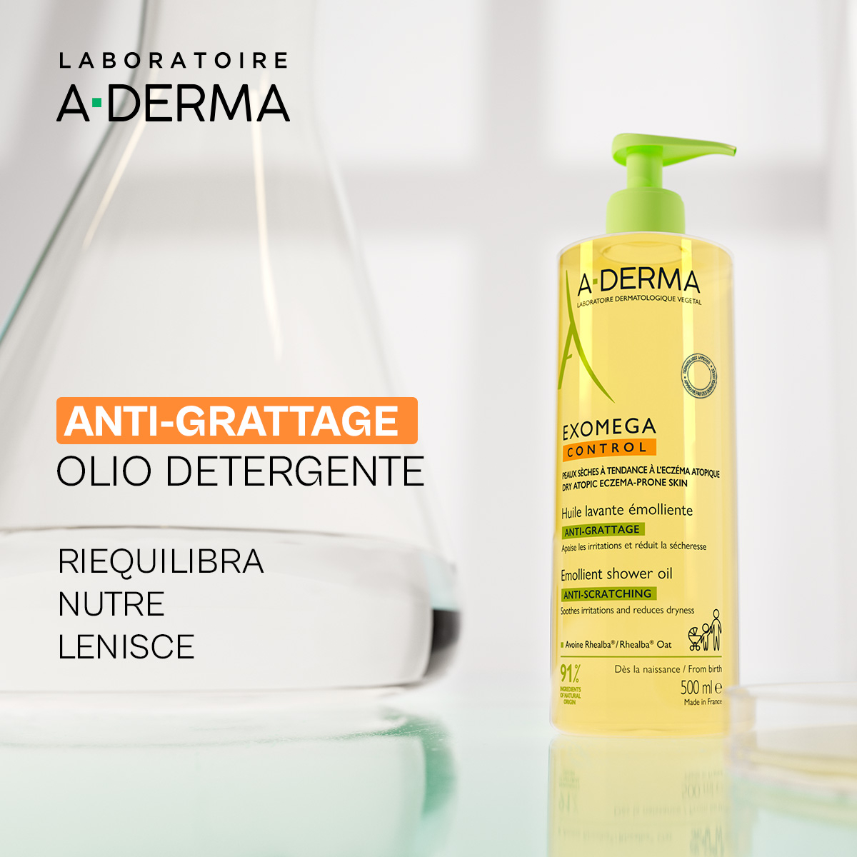 A-Derma Exomega Control Olio lavante emolliente  “anti-grattage”, pelle secca a tendenza atopica, 500ml