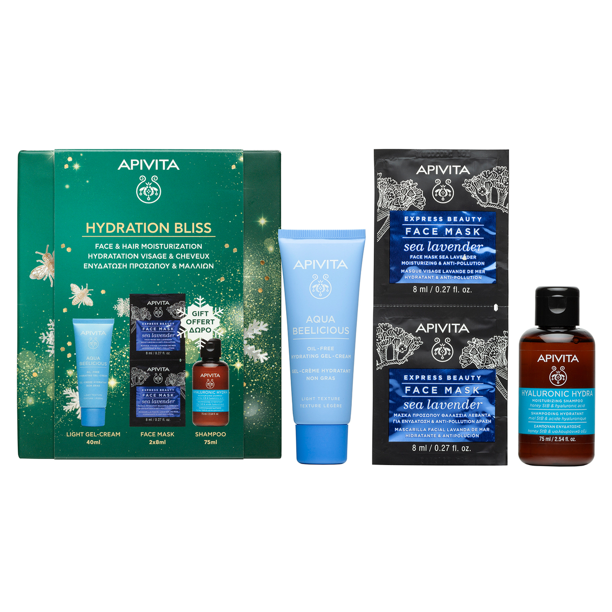 Apivita Hydration Bliss Cofanetto Regalo - Gel Crema Idratante Leggera 40 ml + Shampoo Idratante 75 ml + 2 Maschera Lavanda Marina Viso