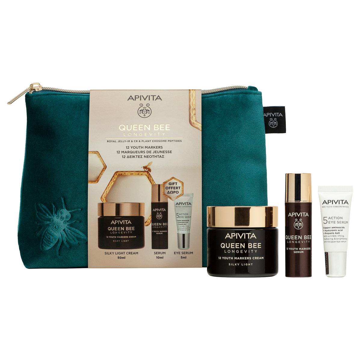 Apivita Queen Bee Longevity Cofanetto Regalo - Crema Leggera Setosa 50 ml + Siero 10 ml + 5 Action Siero Occhi 5 ml